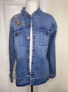 Damen Nanette Lepore bestickte Distressed Jeansjacke • Größe M * Neu mit Etikett - Bild 1 von 8