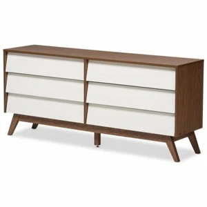 Baxton Studio Hildon 6 Drawer Double Dresser in White and Walnut Brown - Picture 1 of 7