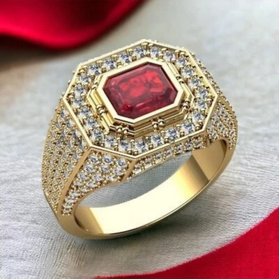 Piedras preciosas de rubí con anillo enchapado en oro de plata de ley 925 para hombre #BL45 Foto 1 de 4