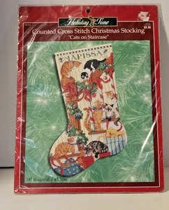Bucilla Counted Cross Stitch Christmas Stocking Kit " Cats on Staircase" # 84352 - Picture 1 of 6