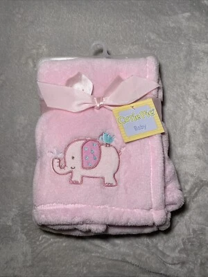 Cutie Pie Pink Baby Blanket Elephant Blue Bird Soft Plush Fleece Security Lovey - Image 1 of 3