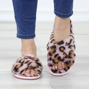Slip On Plush Slippers Cross Strap Leopard Pink Puff Fuzzy Fluffy - Picture 1 of 15