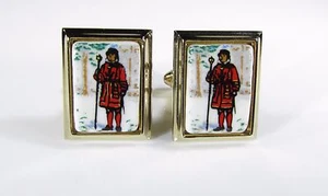 Gold Tone Cufflinks with a Yeomen Warder or Beefeater on Porcelain by Shields - Picture 1 of 1