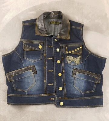 Coogi Women's Leathered Collared Studded Logo Jean Button Vest Size 1X - Image 1 of 4