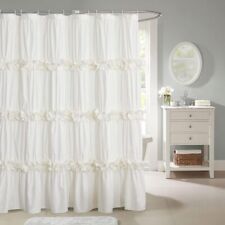 HIG Ruffled Farmhouse Shower Curtain, Ivory Frilly Feminine Bathroom Curtain wit