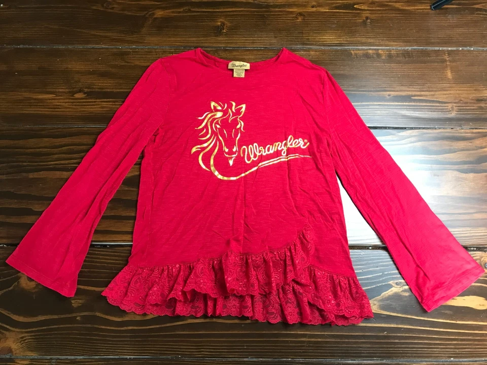 Рубашка Wrangler, молодежный женский размер XL, красный, кружевная отделка, длинный рукав, оборки кромки - Изображение 1 из 4