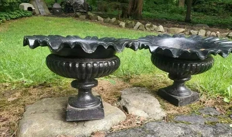 Pair of Rare Large Ruffle Edge Antique Cast Iron Urns - Great Quality and Design Cover