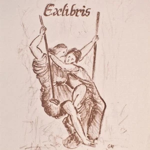 Exlibris G. Hutse Liebespaar auf der Schaukel niederländisch Lithografie 1967 - Imagen 1 de 3