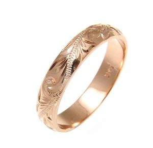 SOLID 14K ROSE GOLD CUSTOM HAND ENGRAVED HAWAIIAN PLUMERIA SCROLL BAND RING 4MM - Picture 1 of 6