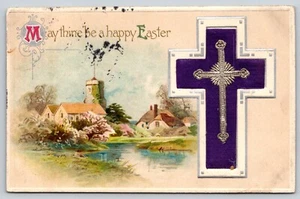 Postcard May Thine be a Happy Easter Greetings Embossed Purple Cross Crucifix - Picture 1 of 2