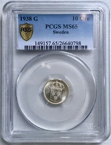 SWEDEN: 1938-G 10 Ore PCGS MS65 ——— ONE OF LESS THAN TWO DOZEN KNOWN GEM BUs - Picture 1 of 2