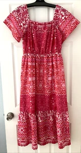 DRESS NAOO Summer Dress "M" PINK & RED Elastic waist 100% Cotton made in India - Picture 1 of 12