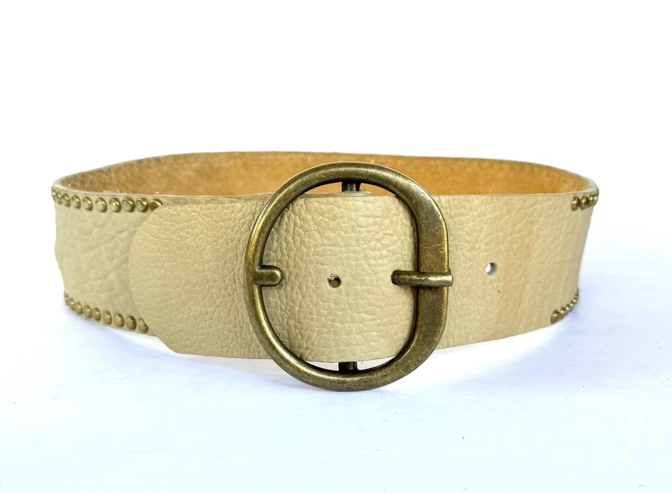 Cinturón Vintage Beige Cuero Búfalo Cintura Ancha Joed Tachonado Latón Tachonado Med 34 Foto 1 de 4