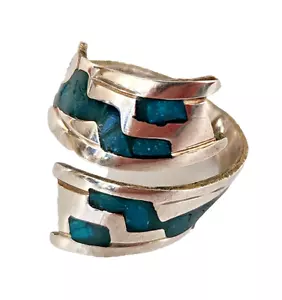 Signierter RING 925 Vintage Indianer Mexiko Türkis Inlay Bypass Wickel Tribal Gr. 7,5 ADJ - Bild 1 von 7