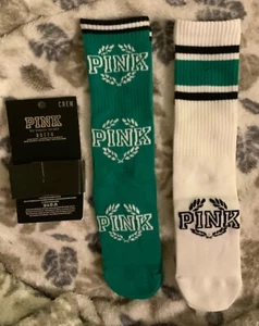 Victoria's Secret PINK Crew Socks - 2 pairs Green White Black Logo - Picture 1 of 1