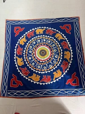 Handmade Mandala Tapestry Wall Hanging Elephants Mirror Applique Boho 47"x 47" - Image 1 of 4