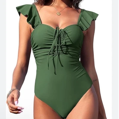 Traje de baño Zaful verde oliva con volantes y corbata frontal de una pieza para mujer talla M Foto 1 de 4