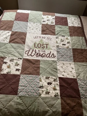 QUILT lost in the woods brown green cotton hand sewn QUALITY! - Image 1 of 3