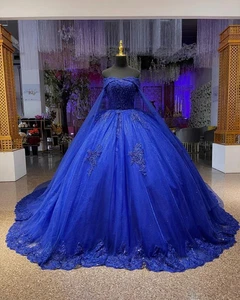 Royal Blue Quinceanera Dresses With Cape Sweet 15 16 Prom Ball Gowns for Girl - Picture 1 of 5
