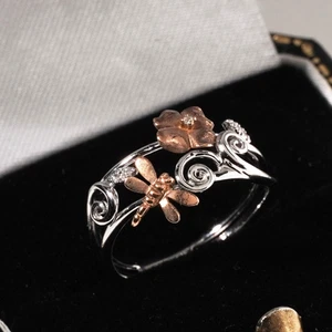 Dragonfly Flower 9ct Rose & White Gold Diamond Ring Wide Filigree Band N.5 / 7 - Picture 1 of 9