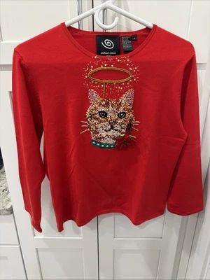 Suéter Michael Simon Rojo Seda M Cuentas Tejido Gato Y2K Navidad Declaración Top Foto 1 de 4