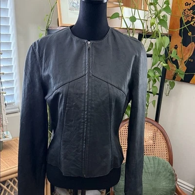 Vintage Y2K GAP Black Leather Zip Up Mandarin Collar Moto Jacket - Image 1 of 4