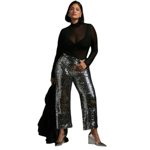 Anthropologie Colette Cropped Wide Leg Pailletten Hose Schwarz Silber Maeve Gr. 33 - Bild 1 von 11