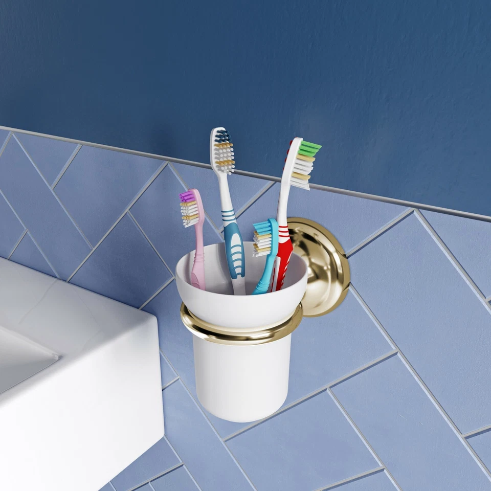 Croydex Flexi-Fix Ceramic White Tumbler & Gold Wall Mounted Holder - Grosvenor