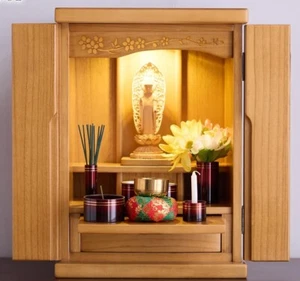 Mini Butsudan Schrein buddhistisches Alter natürliches Holz hellbraunes LED-Licht kostenloser Versand - Bild 1 von 7