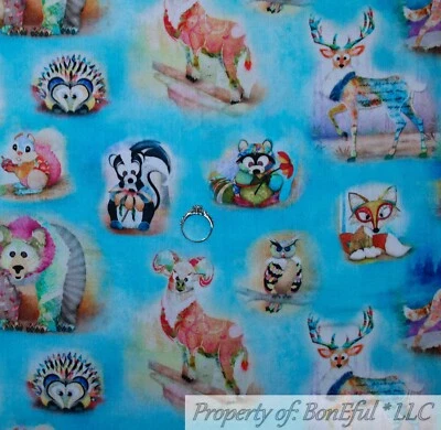 BonEful Fabric FQ Cotton Quilt Aqua Blue Sky White Rainbow Flower Folk Art SALE - Image 1 of 4