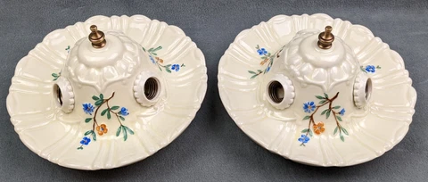 Pair of PORCELIER 3-Bulb Porcelain Ceiling Lights: Art Deco & MCM era, Restored Cover