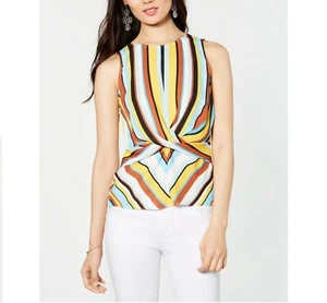 INC Womens L Yellow Blue Candied Stripe Sleeveless Twist Front Top NWT - Picture 1 of 4