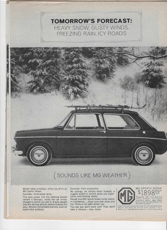 Anuncio impreso original 1964 MG sedán deportivo vintage: "Previsión del mañana: nieve pesada Foto 1 de 1