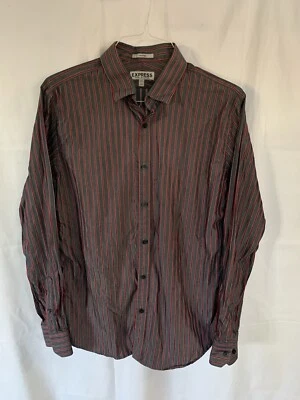 Express Hombre Botón Ajustado Manga Larga Gris y Rojo Rayas Talla Grande Foto 1 de 4