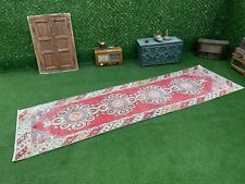 rug runner vintage, pastel color hand knotted oushak hallway or kitchen carpet