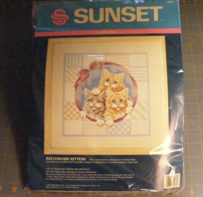 Dimensions Sunset Patchwork Kittens Needlepoint Kit 12"x12" cat Vintage 1991 - Image 1 of 4