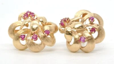 14k Yellow Gold Red Pink Round Ruby Gemstone Cluster Earrings Estate Textured - Image 1 of 4