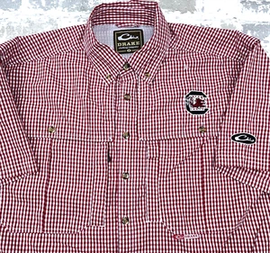 South Carolina Gamecocks Shirt Men Small Button Up Red Plaid Camp Vented Drake - Picture 1 of 12