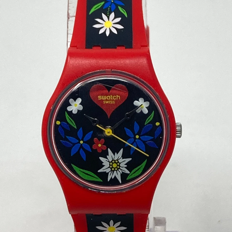 Reloj Swatch Roetli Mujer 25mm Rojo Negro Floral Hecho en Suiza WR Batería Nueva 8" Foto 1 de 4