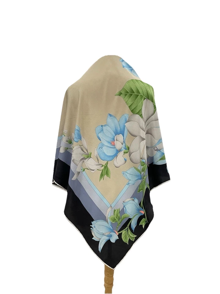 AS7# Leonard Paris Bufanda de Seda Beige Negro Azul Estampado Floral Hecho en Francia Foto 1 de 4