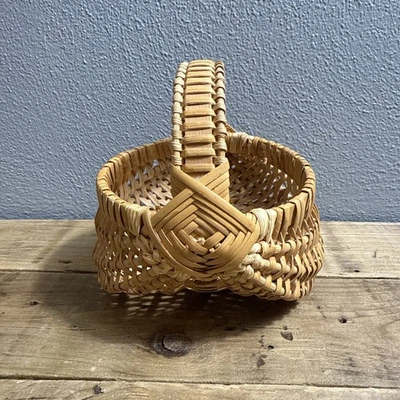 Vintage Buttocks Basket Old Egg Gathering Splint Gods Eye Brown Farmhouse Signed - Image 1 of 4