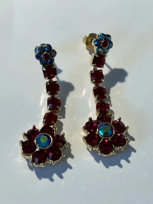 Pendientes colgantes vintage Kirks Folly rojo azul aurora 2 flores cristal Foto 1 de 4