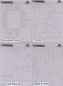 Cuttlebug 4 Embossing Folders Thanks,Owl Flourish, Flourished Frame, Spots & Dot - Picture 1 of 1