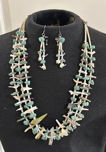 Native American Chunk Turquoise Heishi Fetish 3 Strand 30" Necklace & Earrings - Picture 1 of 13