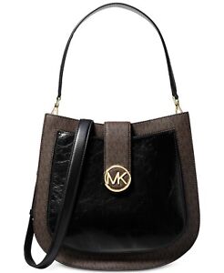 Michael Kors Lillie Large Hobo Messenger Leather Handbag in Black/Brown