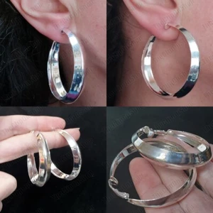 5cm CLIP ON retro HOOP EARRINGS graduated hoops 1cm wide SILVER TONE metal clips - Picture 1 of 7