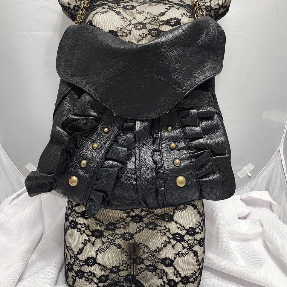 HYPE Black Pebbled Leather Large Ruffled Chain Link Shoulder Bag Hobo - Image 1 of 4