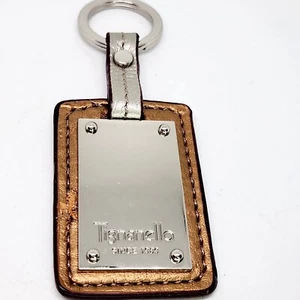 Tignanello Purse Key Fob Keychain Hang Tag Bronze Brown Leather and Chrome Metal - Picture 1 of 4