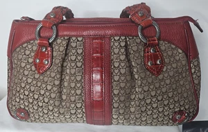 Designer Brighton Canvas Brown Red Leather Monogram Handbag Hearts - Picture 1 of 10