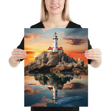 Watercolor Style Light House with reflection Print Museum-quality Poster